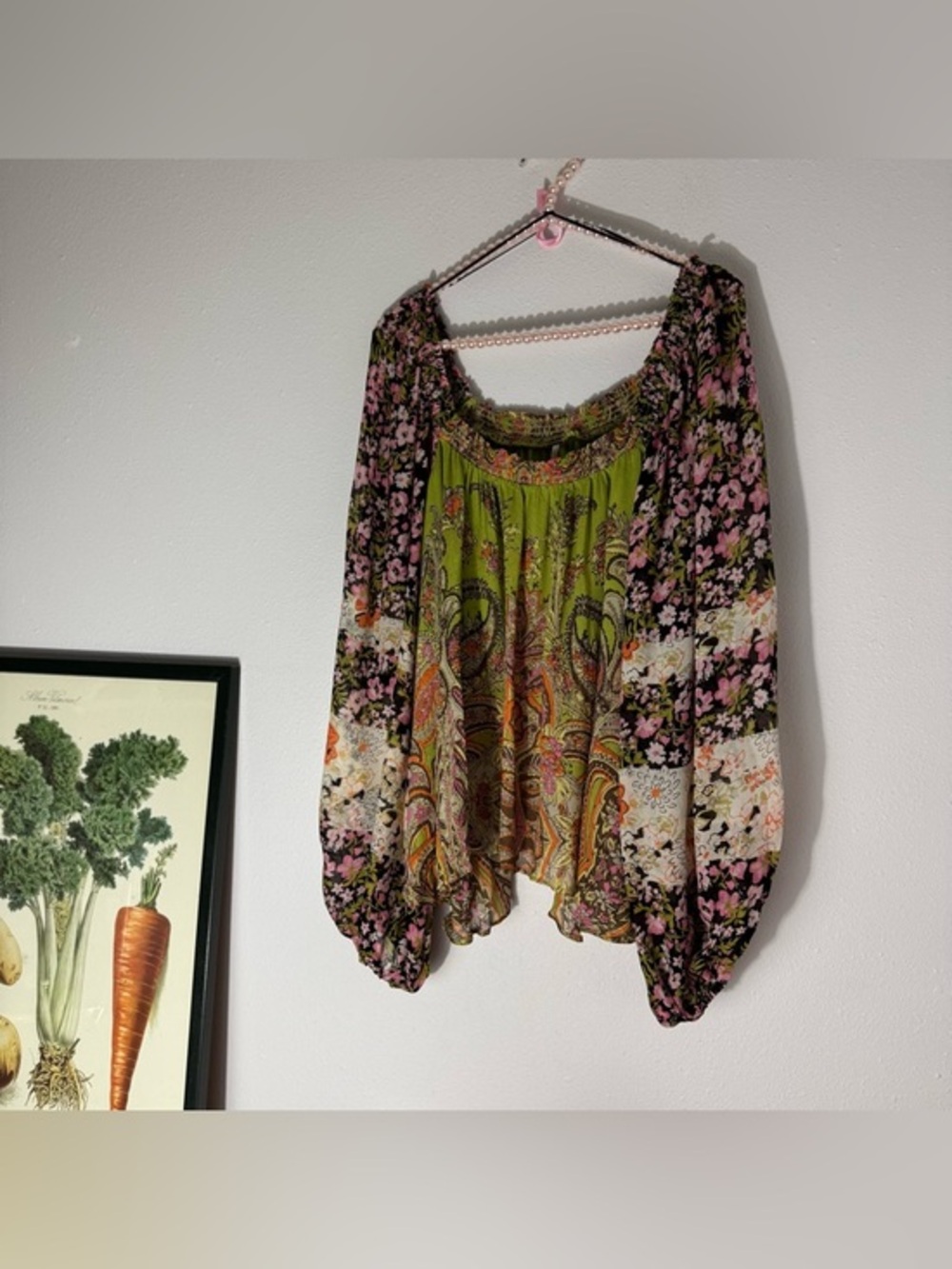 Free People Roaming Around green paisley floral balloon sleeve top size Small